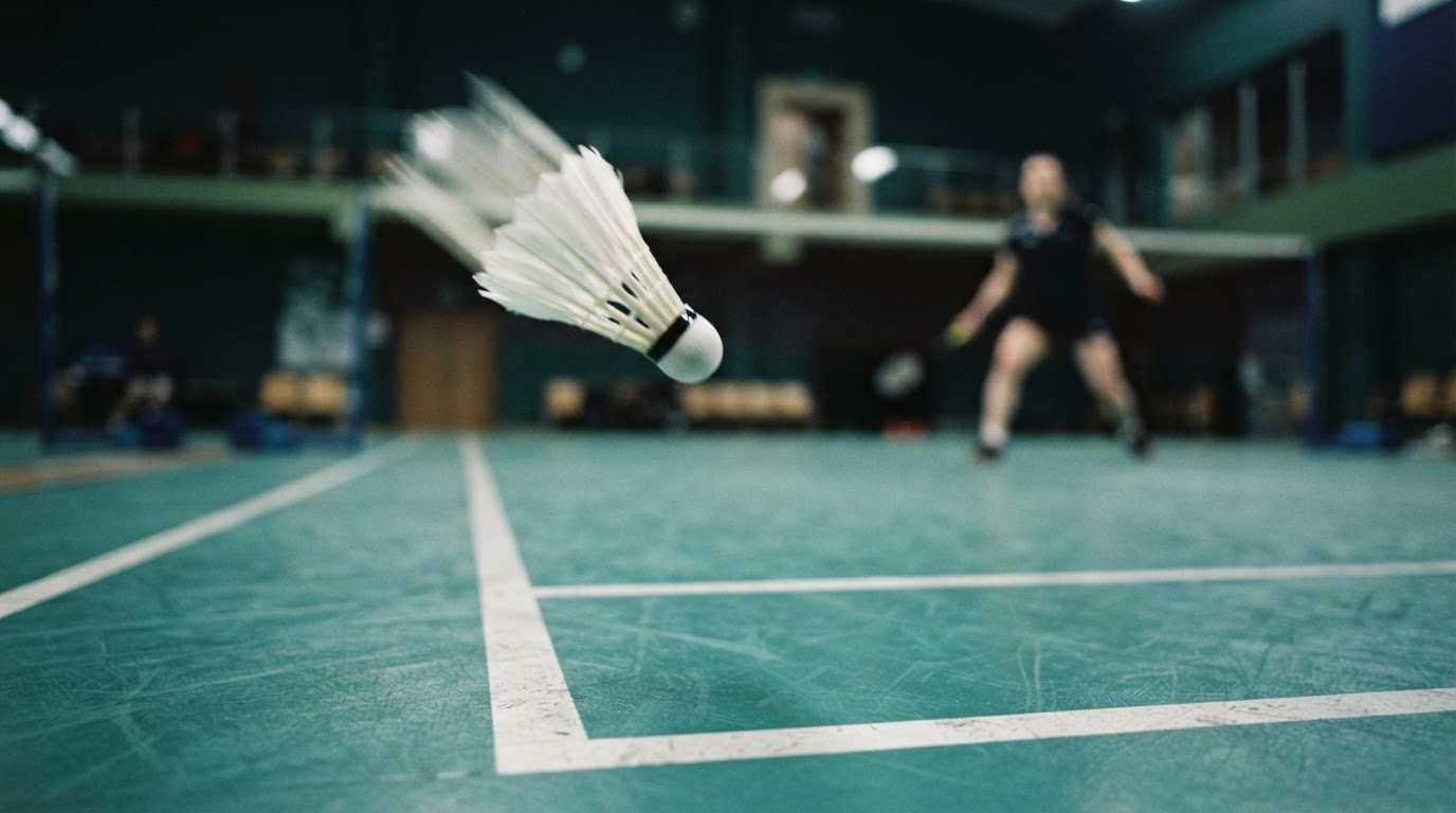 Badmintonshuttle tijdens een rally op de baan