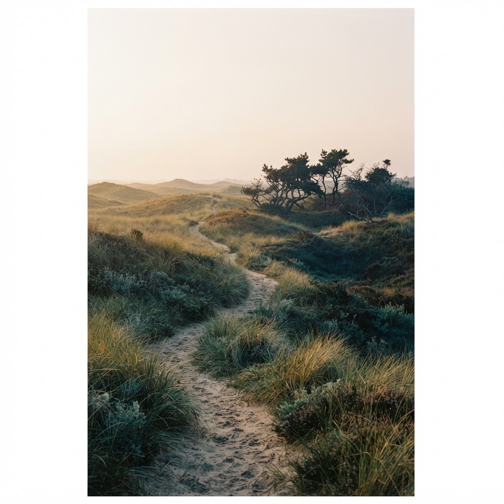 Duinlandschap met een zandpad door hoge helmgrassen naar een boom