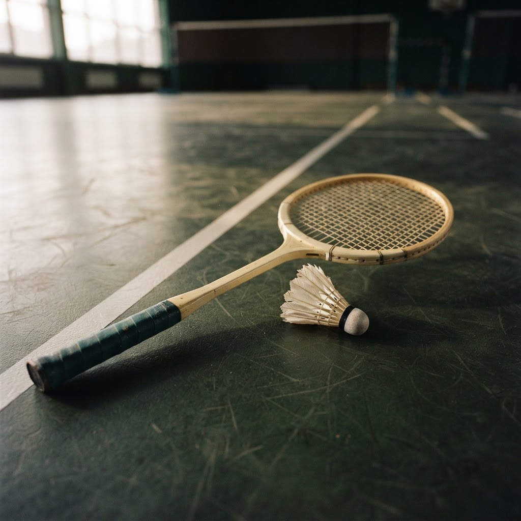 Badmintonracket en shuttle op een indoorbaan